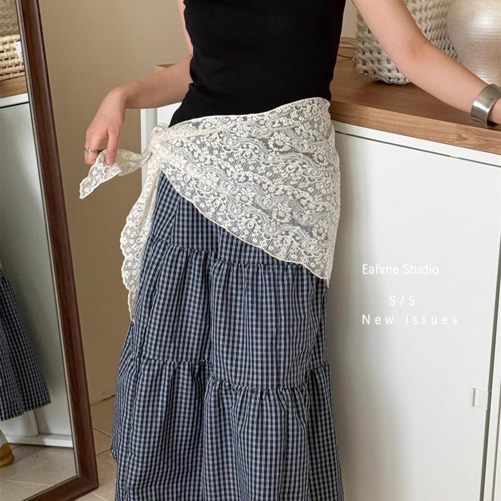 Women's Korean Beige Lace Knit Shawl - Lightweight Openwork Triangle Scarf for Summer