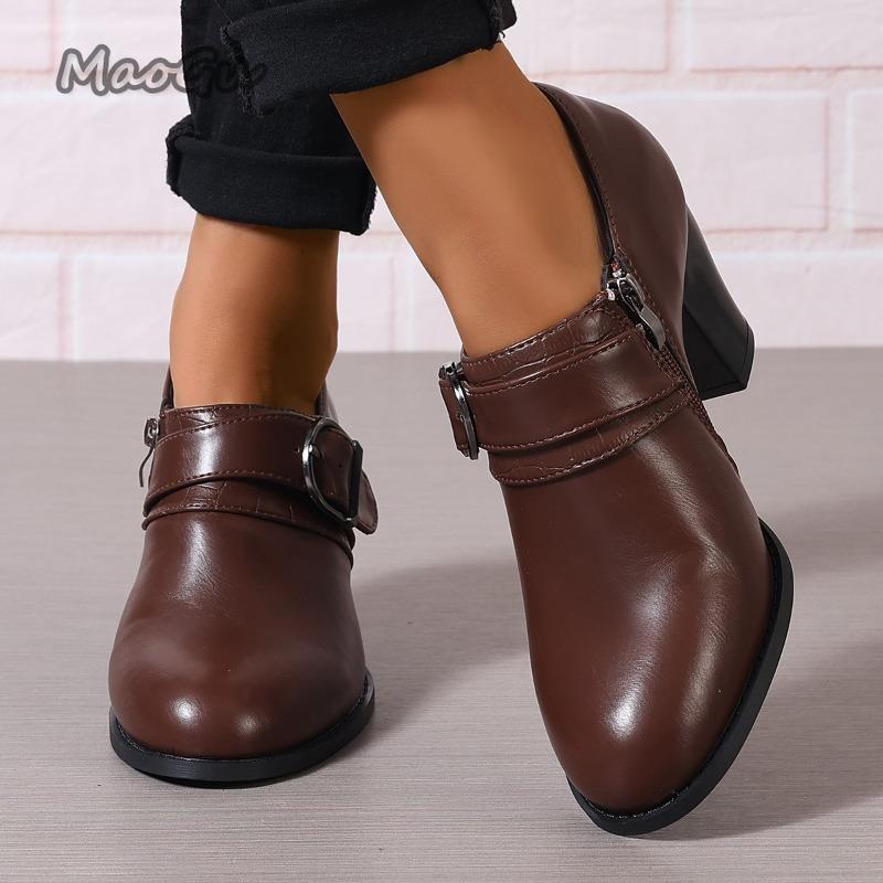 Fashion Women's Elegant Pumps Ladies Casual Chunky High Heels Round Toe Dress Shoes for Women Belt Buckle Shoes Zapatos De Mujer Size43