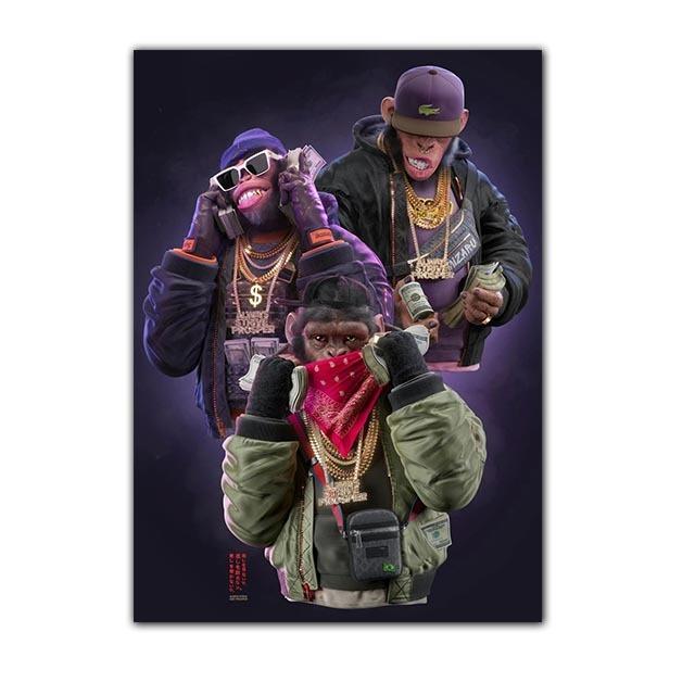 Хип-хоп Три обезьяны печать плакатов деньги холст картина современное настенное искусство животное висит картина украшение дома