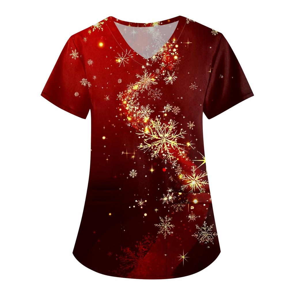 Женская симпатичная рабочая одежда с принтом, V-образным вырезом, двухслойными карманами, базовым коротким рукавом, пуловером на Рождество
