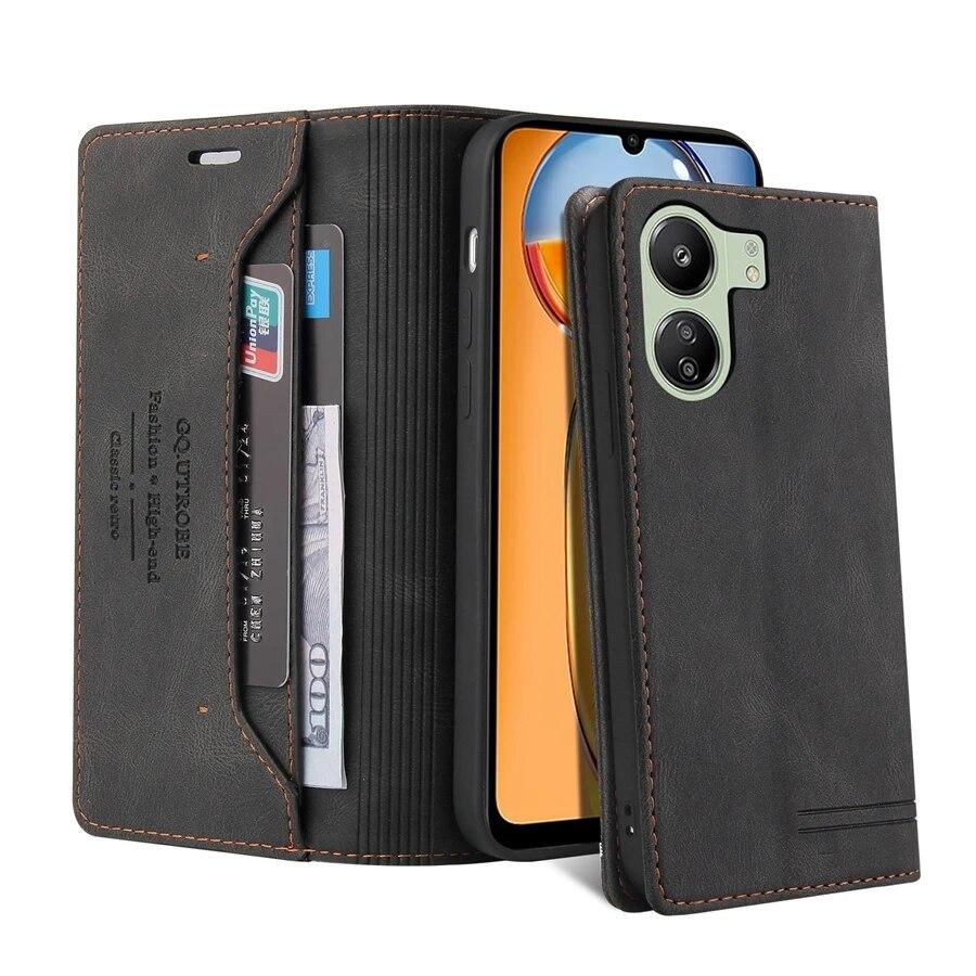 Кожаный чехол с магнитной откидной крышкой для Xiaomi Redmi 13C с силиконовым противоударным защитным чехлом для карт памяти