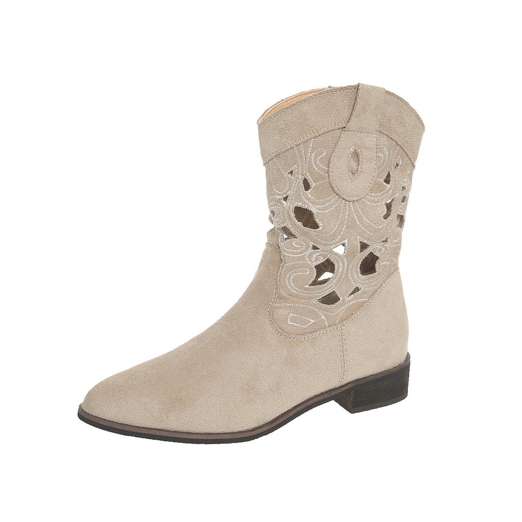 Hollow Pointed Western Cowboy Boots Ethnic Style Retro Boots Versatile Thick Heel Embroidery Breathable Thin Short Boots