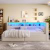 Daybed, Sofa Bed, 90 × 200 cm, USB + Type-C Ports, Hydraulic Storage, Storage Compartments, Multicolor LED Strip Lighting, No Mattress, Linen, Beige