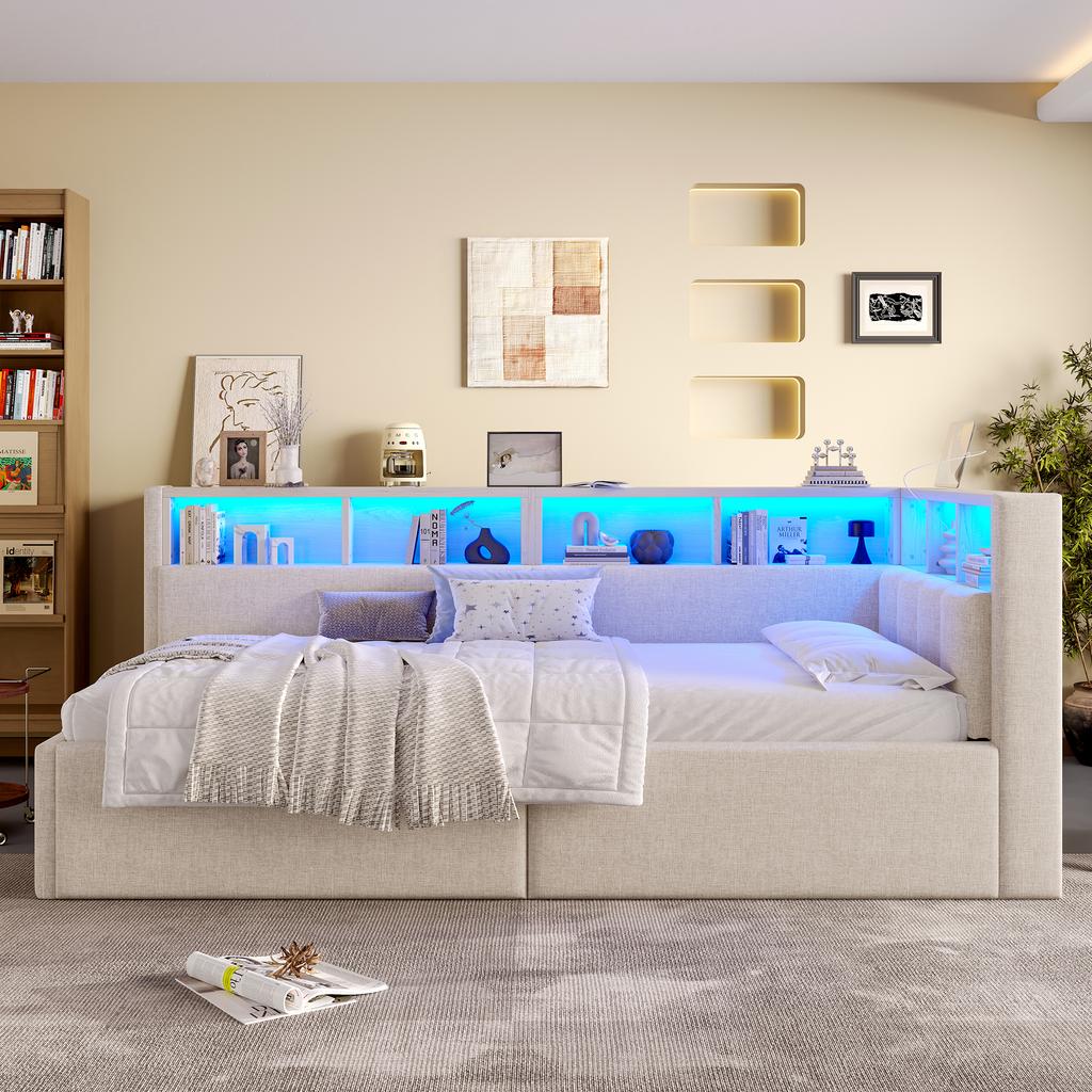 Daybed, Sofa Bed, 90 × 200 cm, USB + Type-C Ports, Hydraulic Storage, Storage Compartments, Multicolor LED Strip Lighting, No Mattress, Linen, Beige