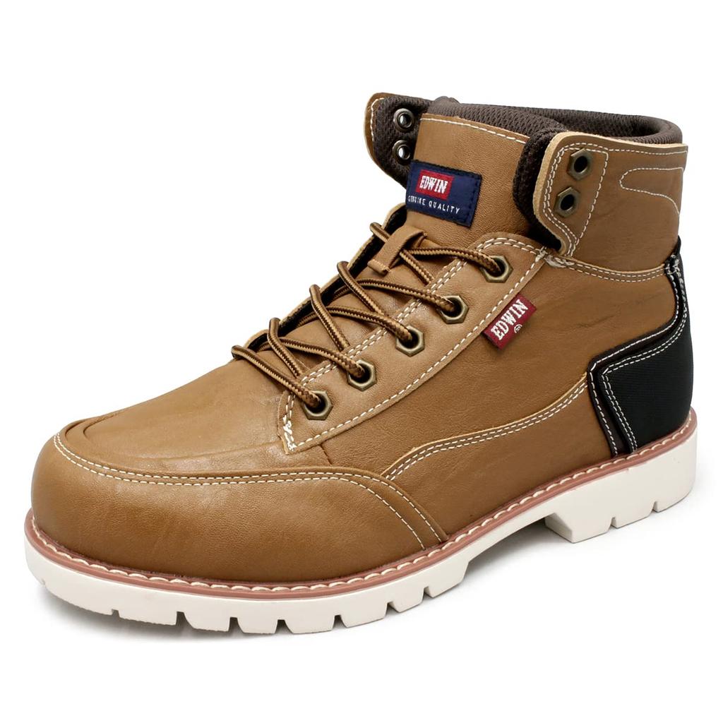EDWIN Waterproof Casual Sneaker PU Wide Premium Size Men's High-Top Boots, Lightweight, Boots, Leather, Fit, Material, Stylish, Lace-Up Boots, Camel,