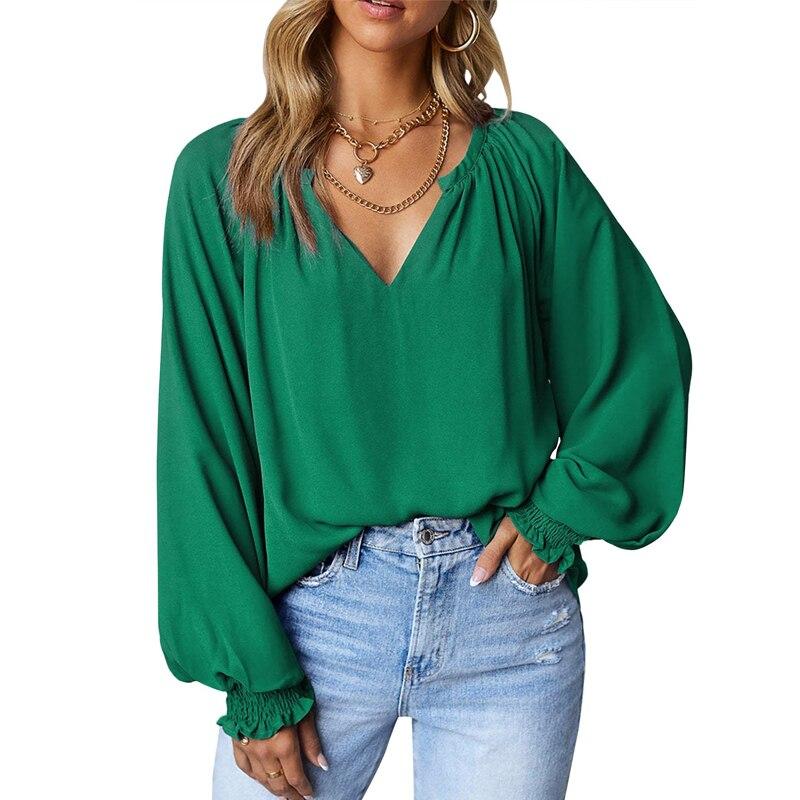 Осенние плиссированные блузки с v-образным вырезом, модные повседневные свободные женские рубашки с длинным рукавом, простые шифоновые рубашки и топы, женская однотонная одежда 28612