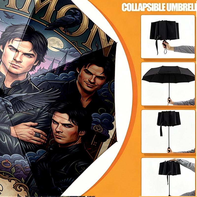 Custom Name Personalized Damon Salvatore Print Umbrella, Auto Open Close, 8‑Rib Sturdy Frame, Commute Camping Hiking Use, Birthday Gift