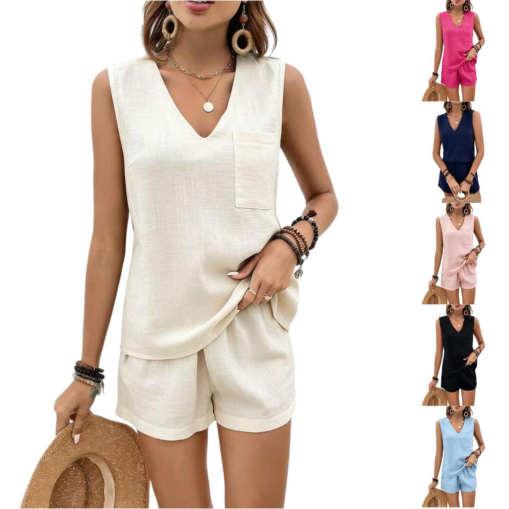 Модный женский свободный без рукавов весенне-летний повседневный комплект с V-образным вырезом и цветными шортами