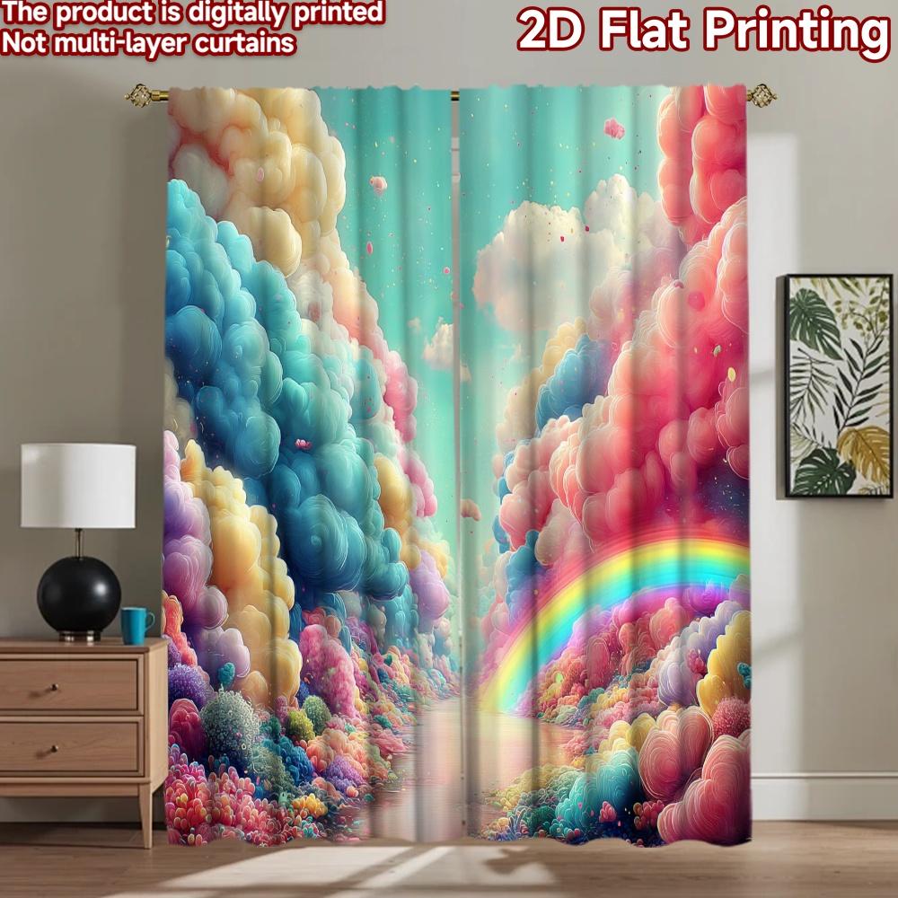 2D flat printing 2pcs Window Curtains Dreamy Rainbow Cloudscape Fantasy Digital Printed Polyester Drapes Birthday Party Use for