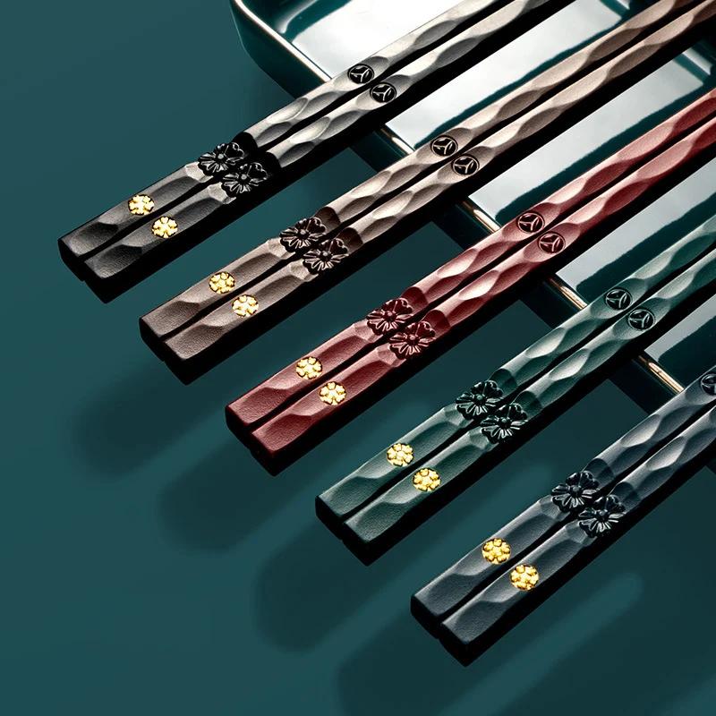 5Pair Reusable Chinese Chopsticks Sushi Sticks Alloy Non Slip Dishwasher Safe Bamboo Shape Food Grade Chopsticks