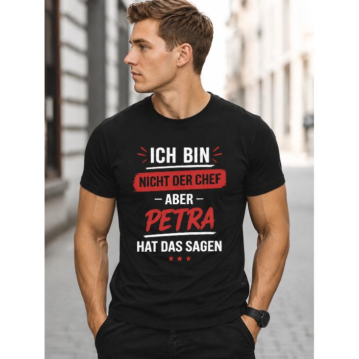 Men's black cotton t-shirt with german text graphic, short sleeve crew neck casual top for everyday wear