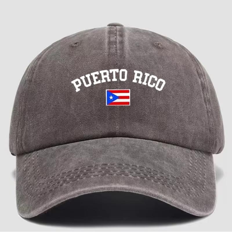 A gender-neutral Puerto Rican flag-patterned printed baseball cap that can be adjusted into an outdoor sun hat.
