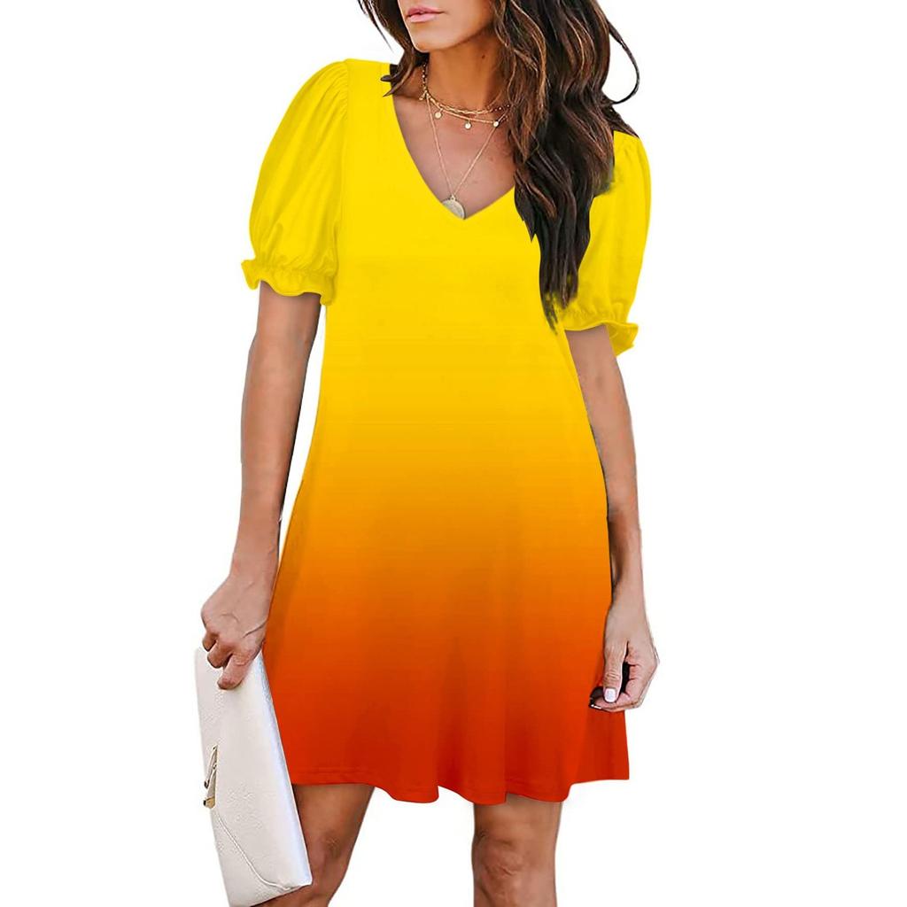 Women's Summer Fashion Gradient Color V-neck Petal Sleeve Short Sleeve Pocket Dress