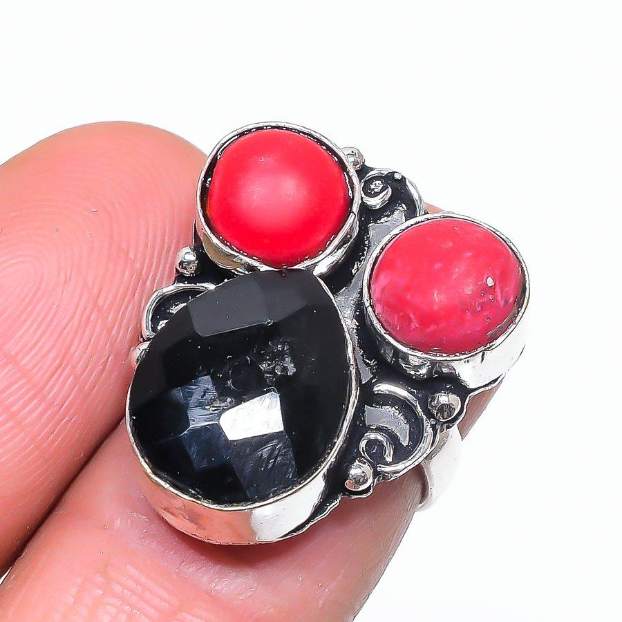 Кольцо из натурального черного шпинеля, коралла, стерлингового серебра 925 пробы, размер 5,5 м6P23