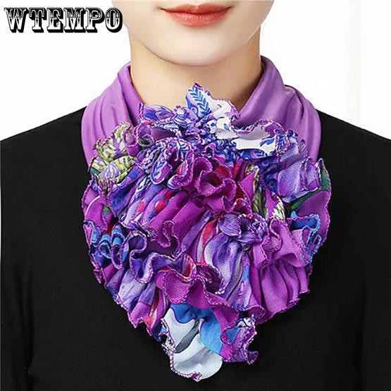 WTEMPO Women's 1PC Four Seasons Floral Printed Silk Scarves Retro Elegant Fashion Versatile Casual Detachable Collar Scarves