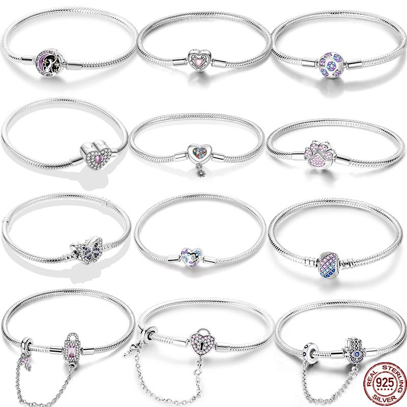 17-20CM Star Moon Bracelet 925 Copper Pink Heart Clover Charms Snake Chain Luminous Bracelet For Women DIY Birthday Zircon Gift