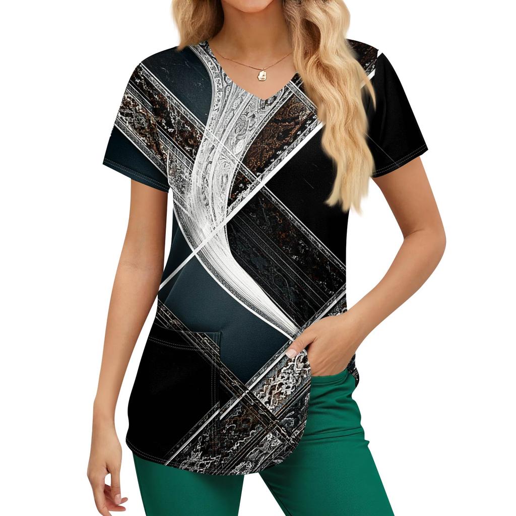 Plus Size Printed Scrub Working Uniform Tops For Women's V-Neck Print Short Sleeve Fun T-Shirts Workwear Tee With Pockets