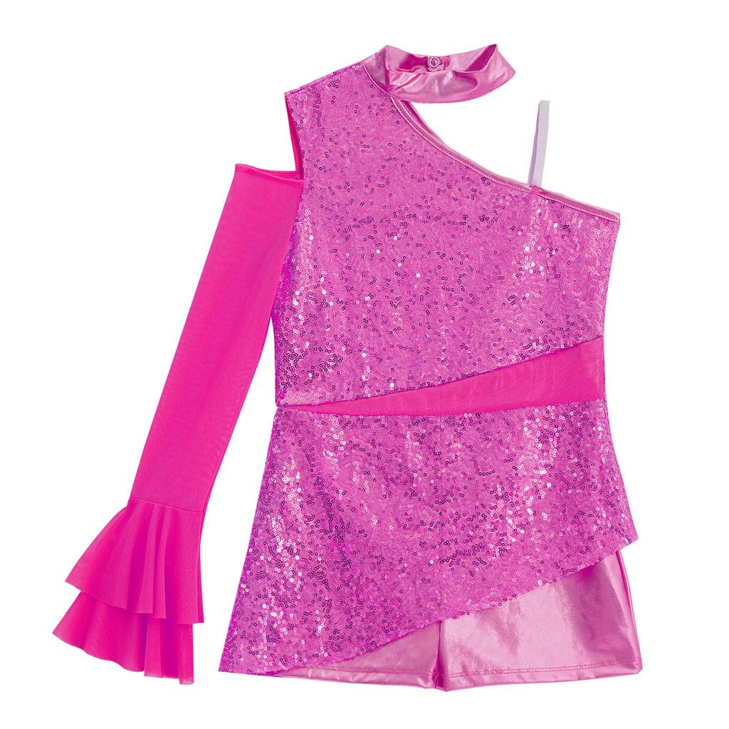 Девочки Пеплум Купальник Танцевальный Костюм Асимметричный Дизайн с Открытым Плечом с Прозрачными Сетчатыми Рукавами-Воланами Боди