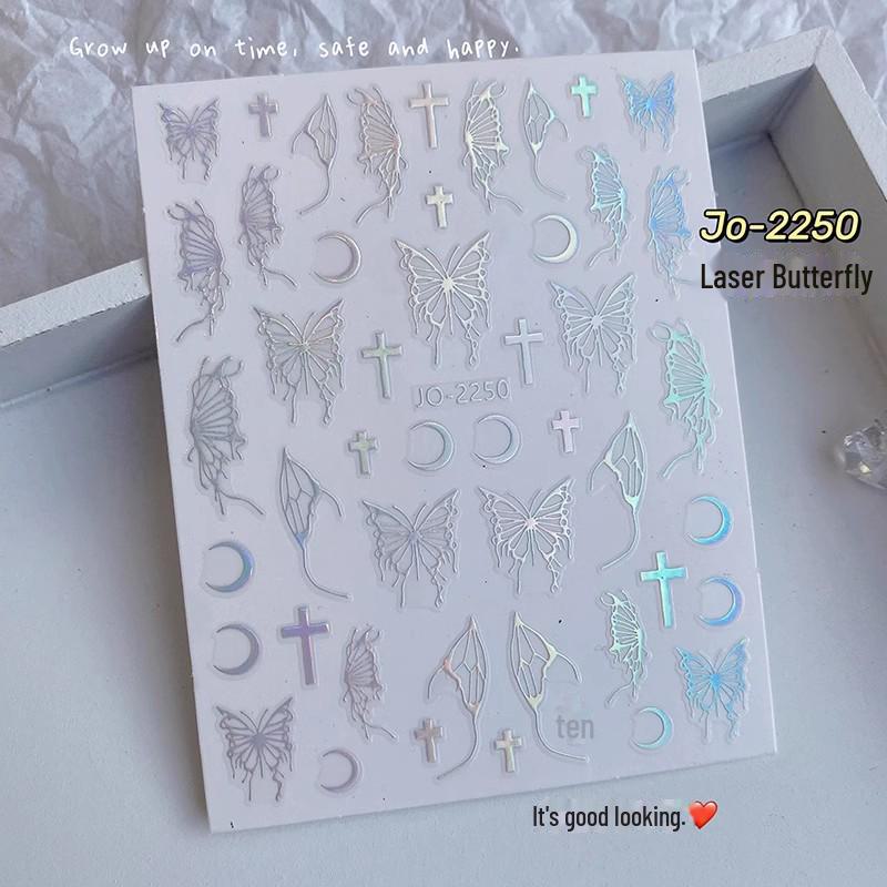 Xiaohongshu DIY лазерные наклейки для ногтей, расписанные вручную: Черные, белые, золотые и серебряные крылья бабочки с клейкой основой.