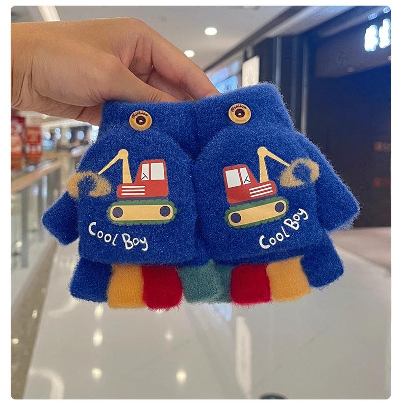 Мультяшные зимние перчатки для мальчика, милые экскаваторные толстые теплые детские варежки с полупальцами, ветрозащитные детские перчатки для отдыха на природе
