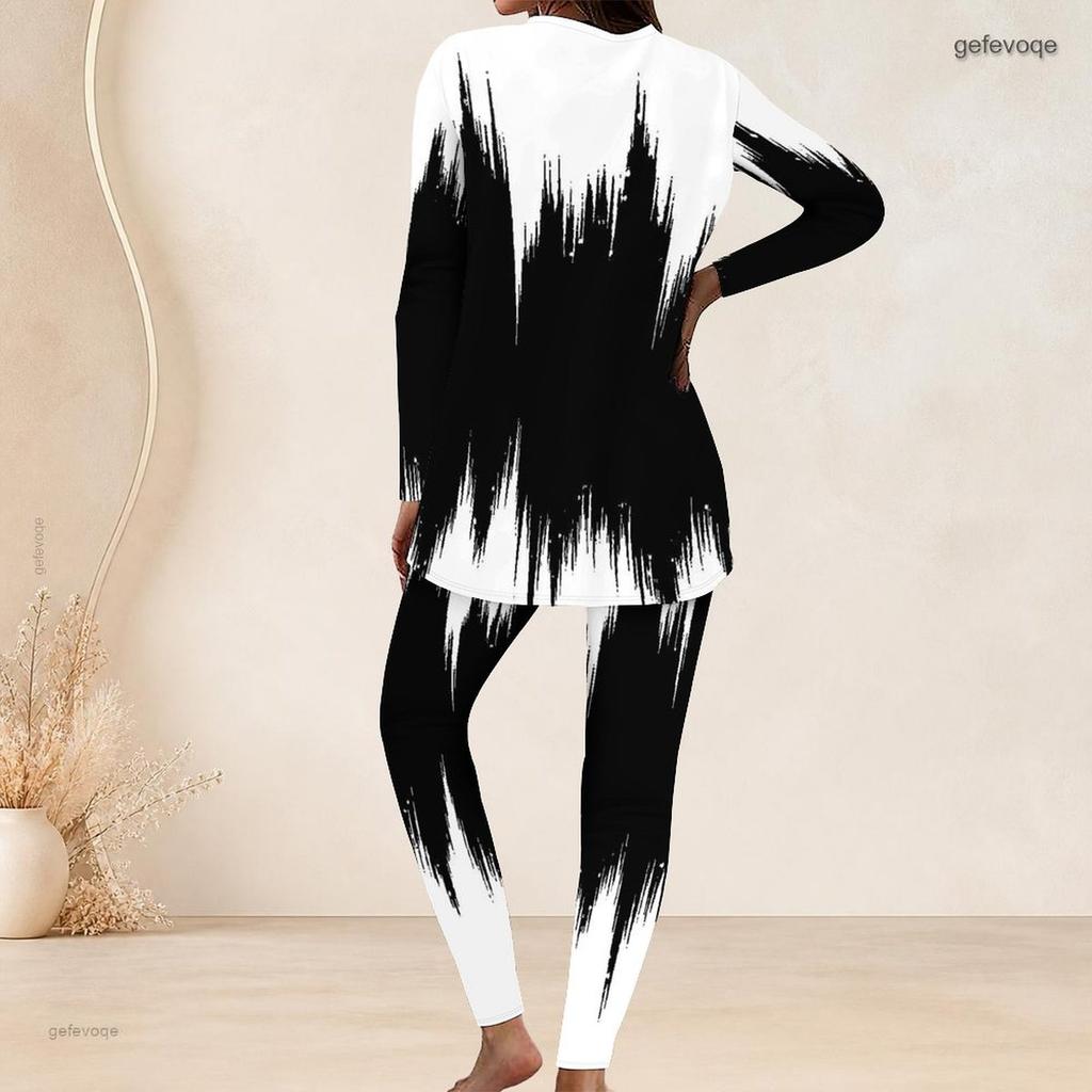 Women Plus Size Black White Printed Round Neck Long Sleeve Longline Top Fitted Pants Two Piece Set