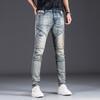 Ностальгические синие эластичные узкие джинсы в мотоциклетном стиле для мужчин - облегающие брюки из денима с модной строчкой