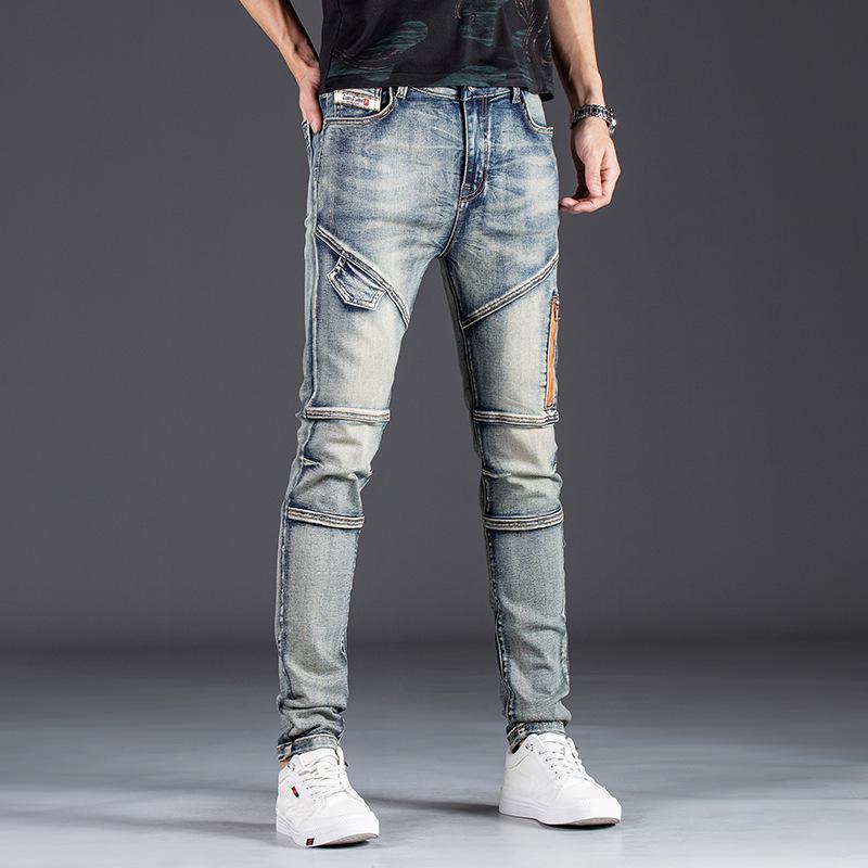 Ностальгические синие эластичные узкие джинсы в мотоциклетном стиле для мужчин - облегающие брюки из денима с модной строчкой