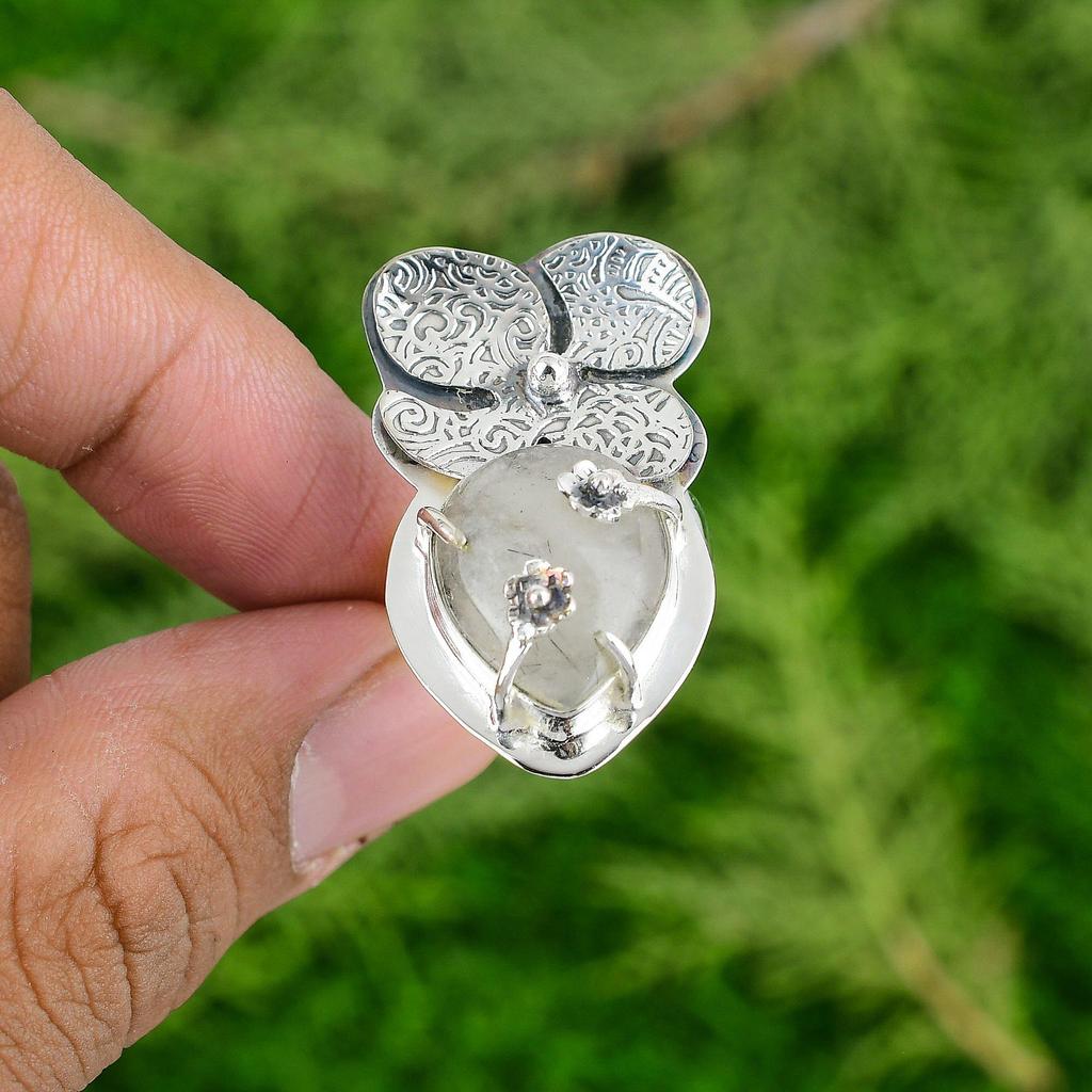 925 Sterling Silver Black Rutilated Quartz Stone Statement Flower Ring Jewelry