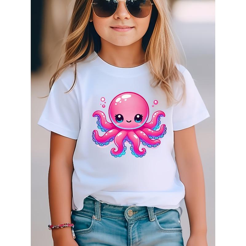 Girls Cute Cartoon Octopus Print Crewneck Short Sleeve Tee