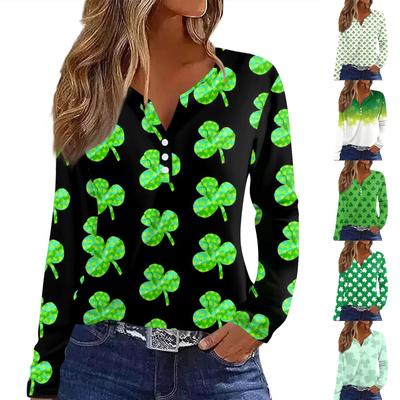 Женская модная повседневная футболка с v-образным вырезом и длинным рукавом с принтом, топ на пуговицах