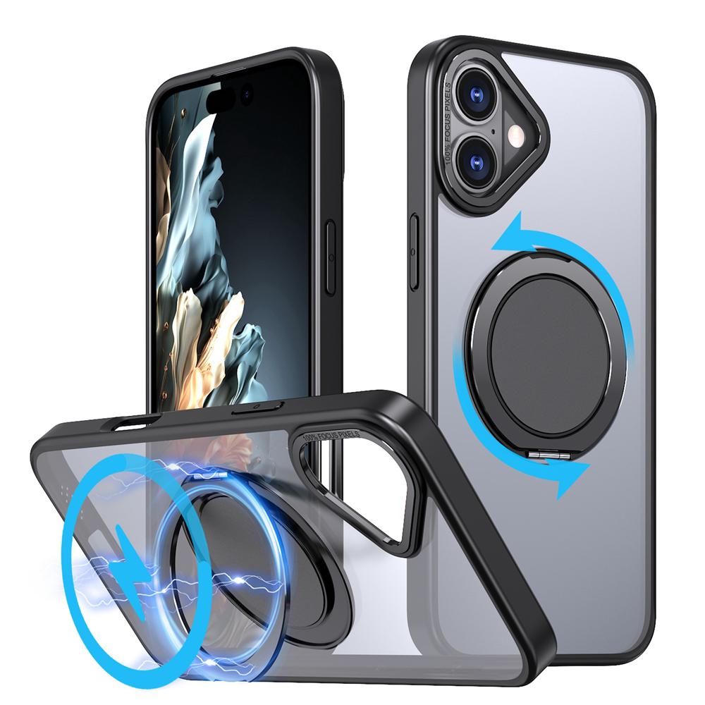 KEYSION Противоударный матовый чехол для MagSafe для iPhone 16 16 Plus с вращающимся на 360 ° магнитным кольцом-подставкой, прозрачная задняя крышка для телефона