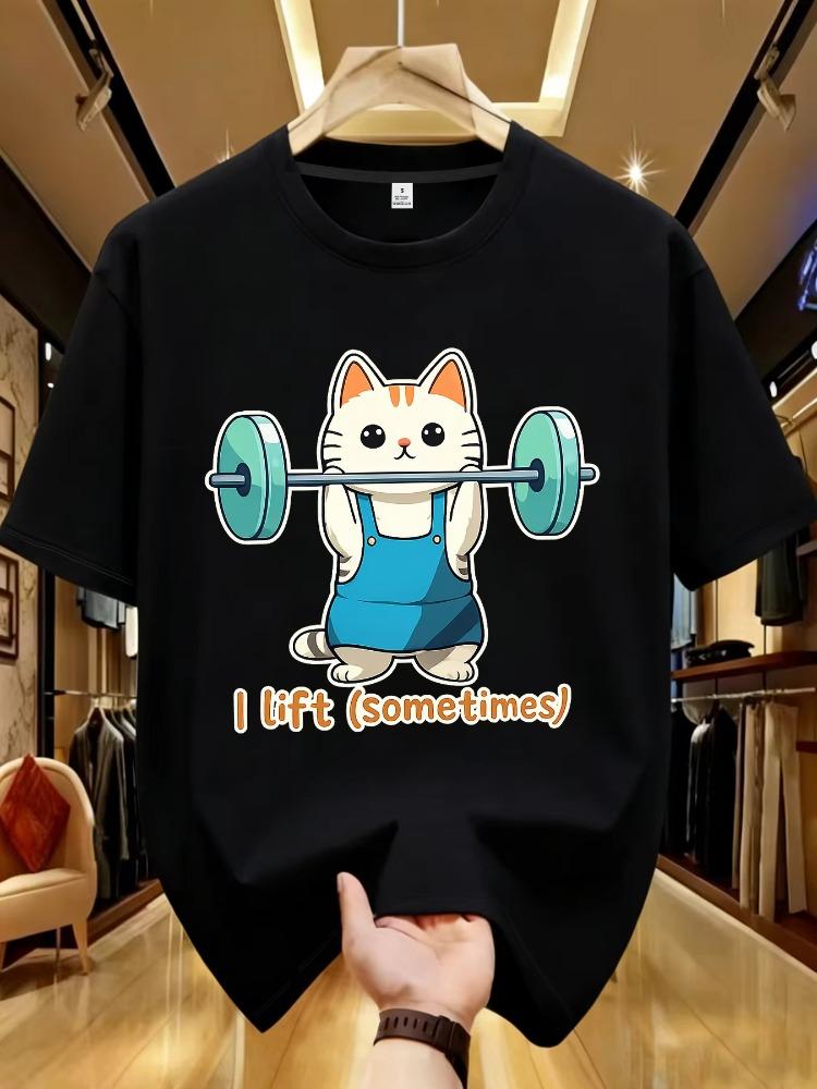 Fitness Cat Printed Unisexs Round Neck Tshirt Summer Casual Short Sleeve Top Street Fashion Unisexs Versatile Tops
