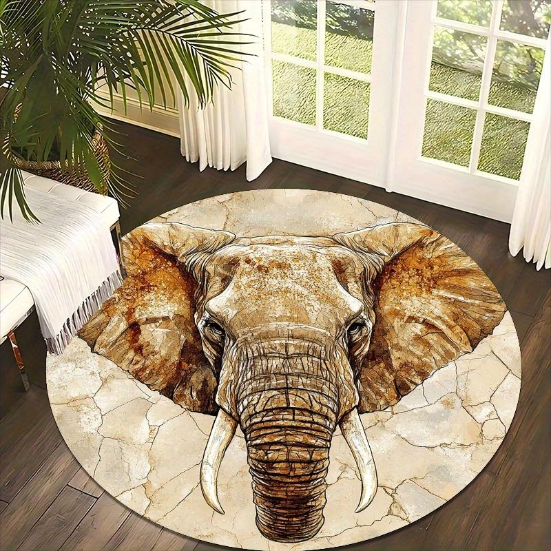 Elephant Head Boho Round Area Rug Non Slip Machine Washable Living Room Bedroom Home Decor Housewarming Gift