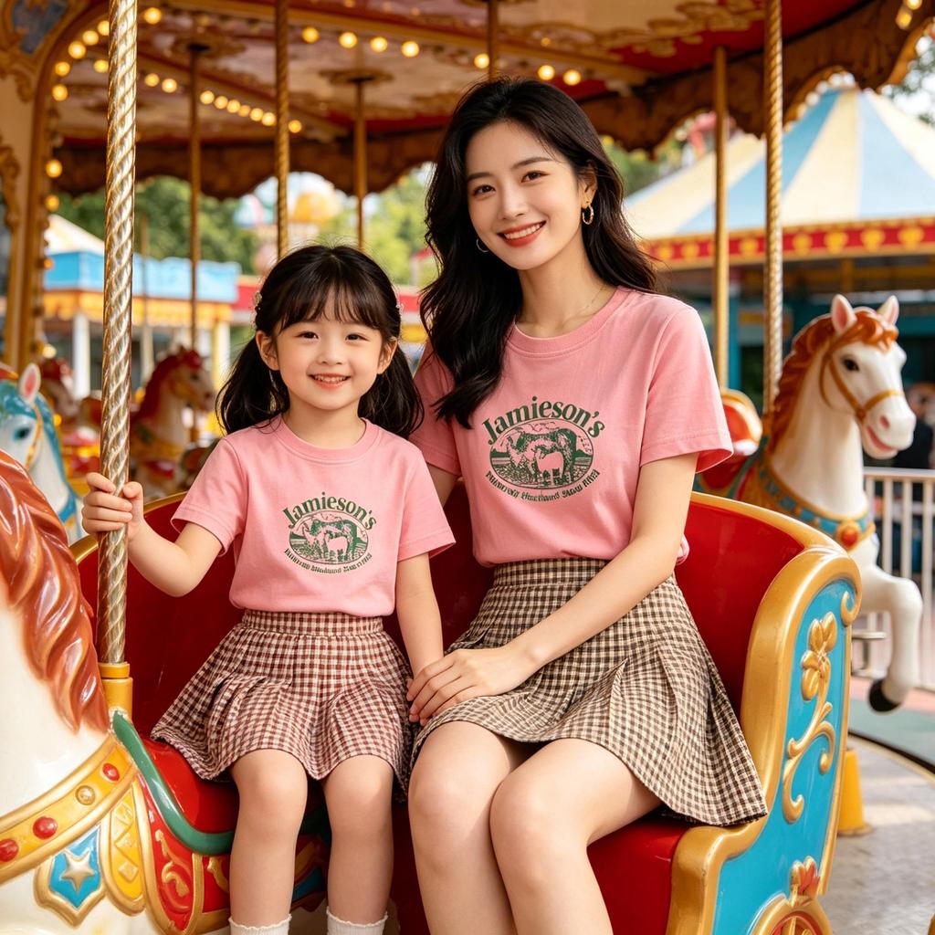 100% Cotton Lamb Print Mother-Daughter Matching Short Sleeve T-Shirt - Round Neck, Casual Top