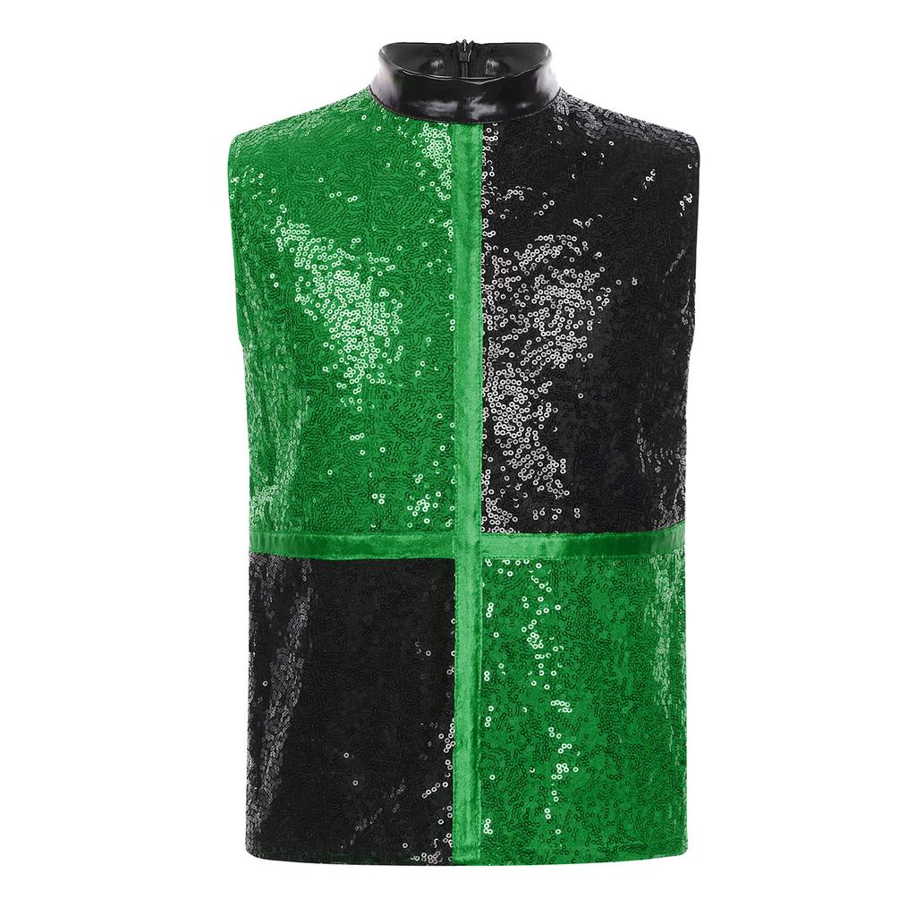 Boys Jazz Dance Top Mock Neck Sleeveless Back Invisible Zipper Shiny Sequins Color Block Stage Costume