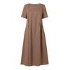 Women's Solid Round Neck Short Sleeve Button Decorative Waist Pocket Dress Pocket Dress