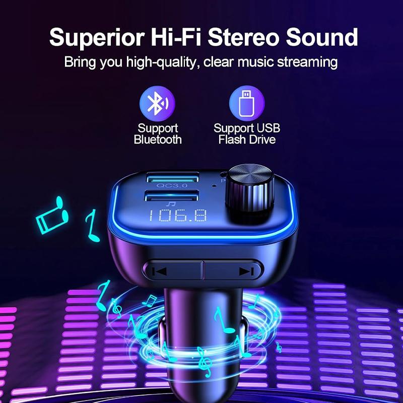 FM-передатчик Bluetooth 5.3 автомобильный адаптер 54 Вт Макс с PD36W и USB-приемником для быстрой зарядки, функцией громкой связи, USB-плеером