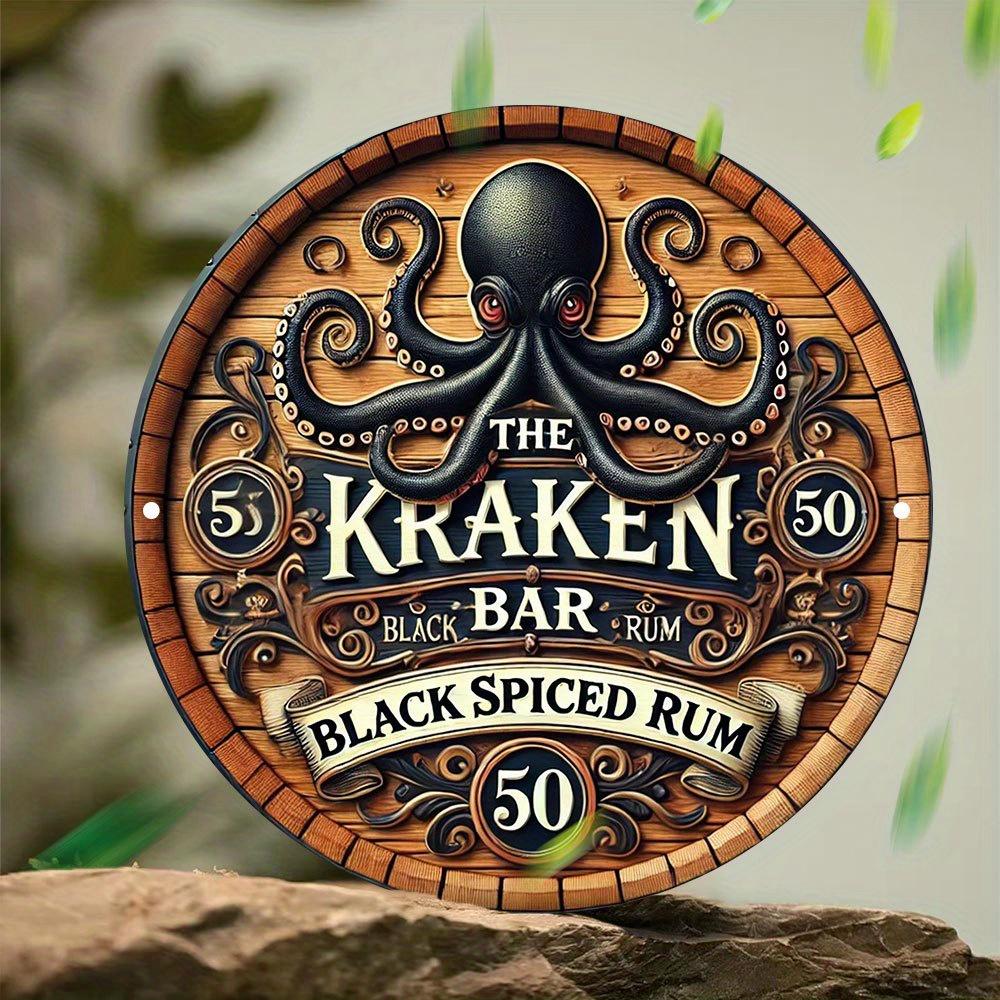 The Kraken Bar Black Spiced Rum Round Vintage Aluminum Metal Sign Retro Nautical Octopus Wall Art Decor for Home Bar Man Cave Pu