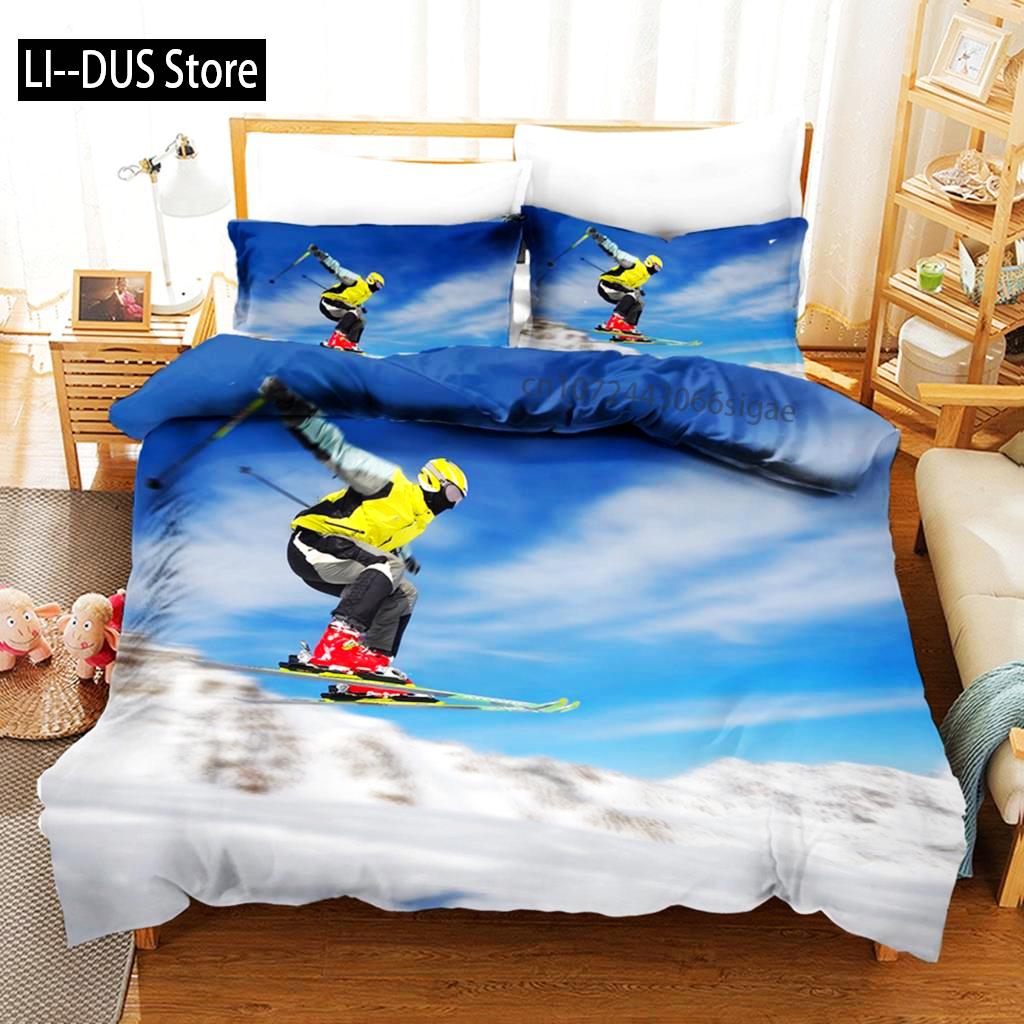 Пододеяльник для лыжного спорта из микрофибры с изображением экстремальных видов спорта, комплект постельного белья для зимних видов спорта, лыжи, снег, горный пейзаж, двуспальная кровать, королева, пододеяльник