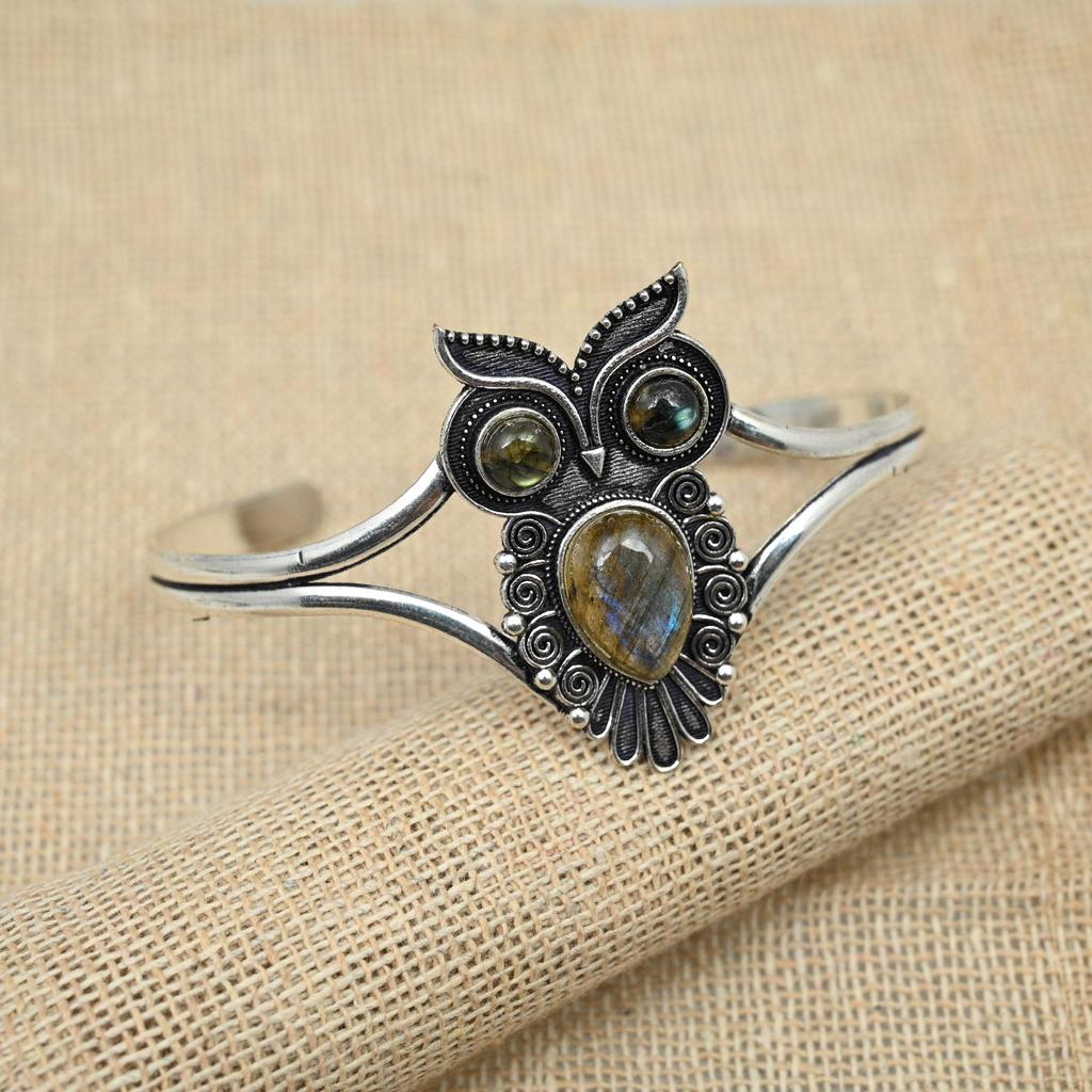 Лабрадорит Драгоценный камень 925 Твердые серебряные украшения Замечательные манжеты Ювелирные изделия Браслет Регулируемый