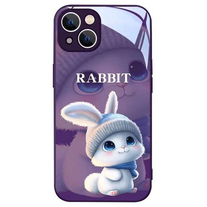 For iPhone 15 Plus Cell Phone Cases Cartoon Rabbit Built-in Lens Film Tempered Glass+TPU Back Cover