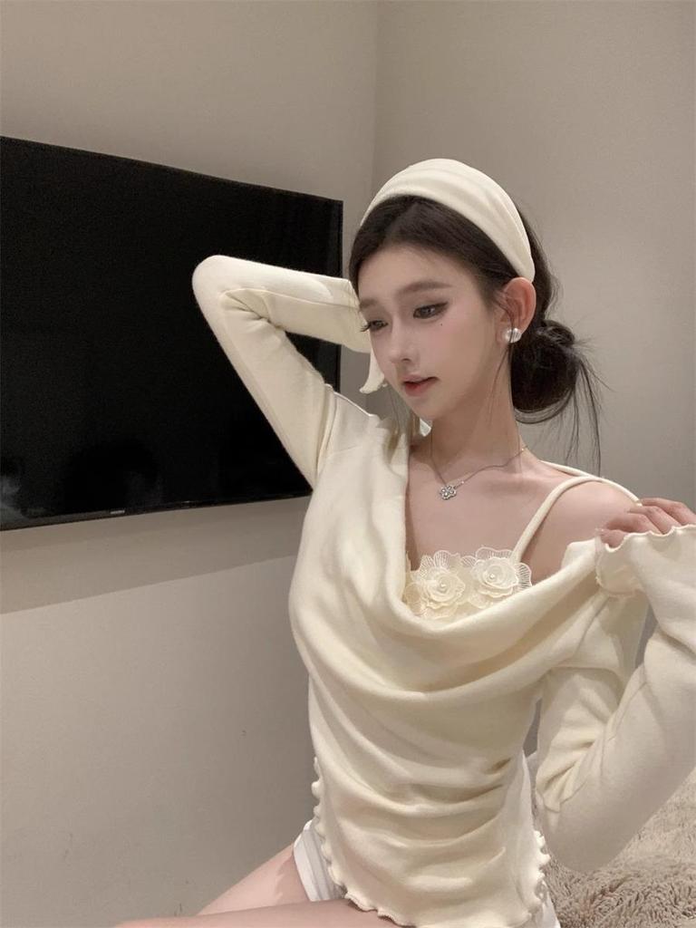 2025 Women's Patchwork Cowl Neck Off-Shoulder Long Sleeve T-Shirt with 3D Floral Design