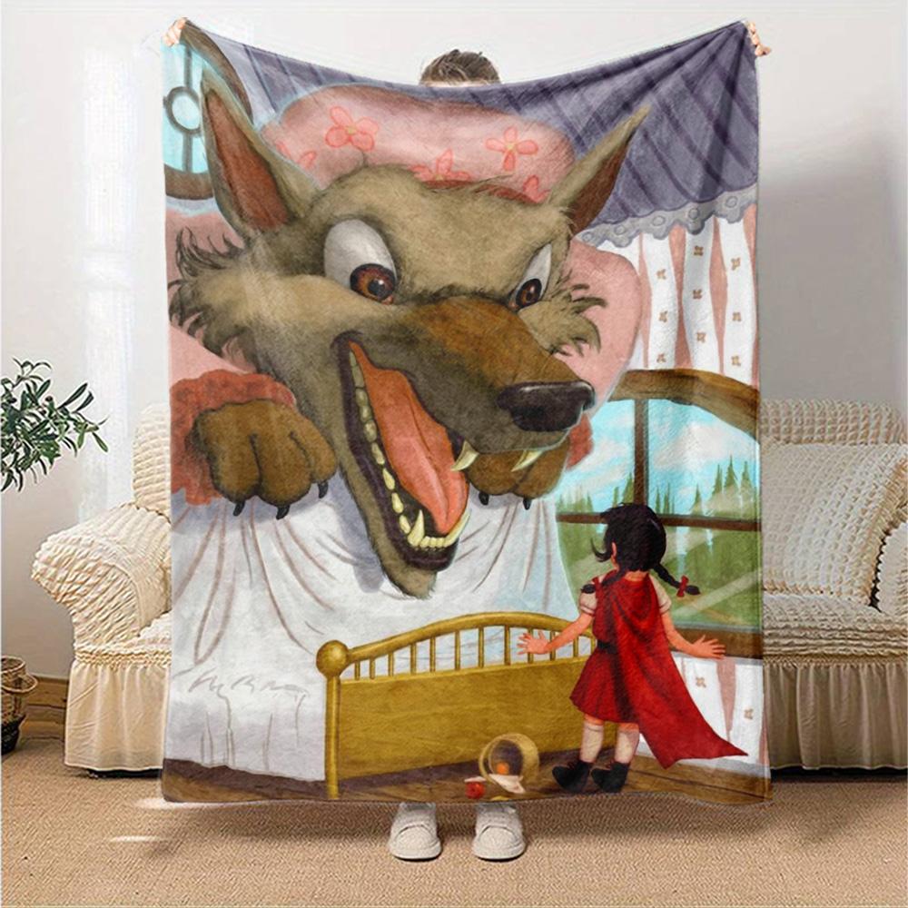 Little Red Riding Hood And Big Bad Wolf Bedroom Scene Fairy Tale Print Flannel Blanket Soft Warm Throw Blanket For Sofa Bedroom