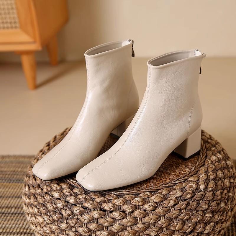 Woman Leather Short Boots Square Head Low-barrel Elastic French Style Short Boots 2024 Autumn Chic Back Zip Casual Short Boots