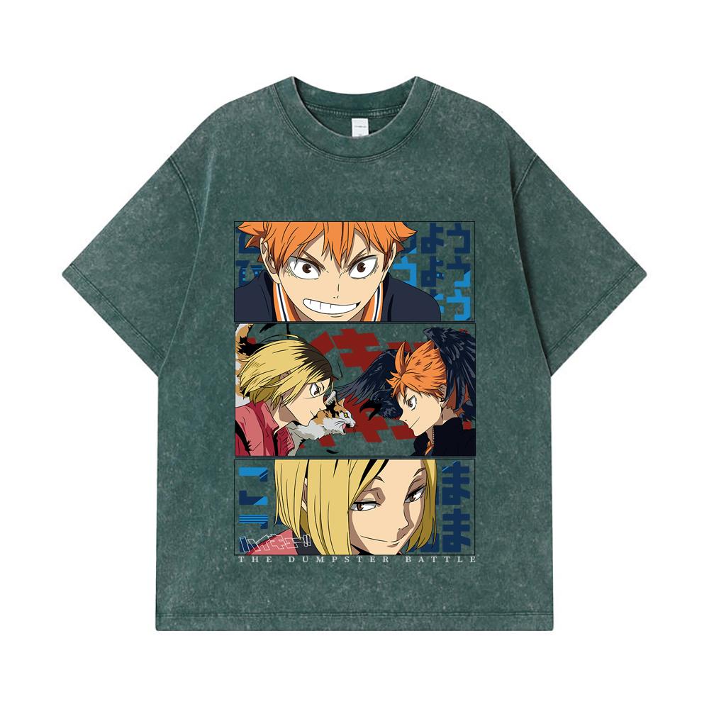 275 GSM Washed T-shirts 100% Cotton Haikyu V9 Dumpster Battle Print Unisex Heavy Cotton T Shirt