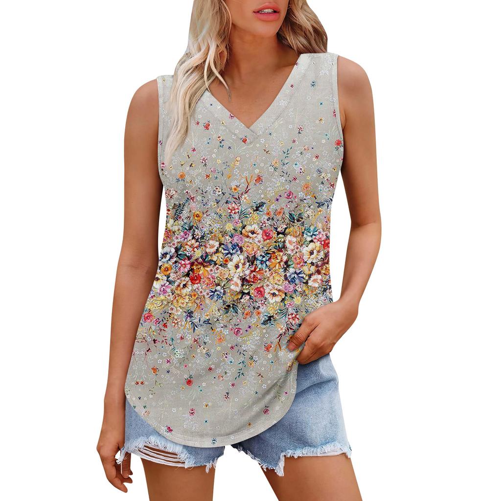 Женская майка с V-образным вырезом и принтом, повседневная майка, свободный крой, топы без рукавов, струящиеся