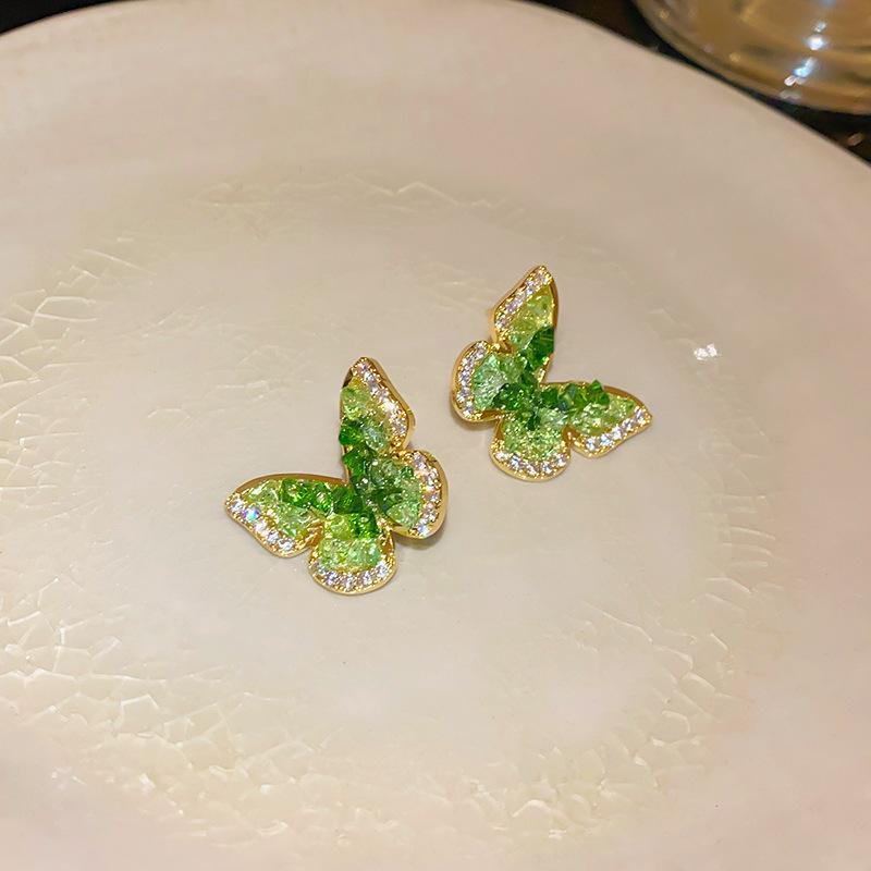 111 silver needle green crystal butterfly stud earrings, small fragrant wind sweet temperament earrings niche high-end earrings