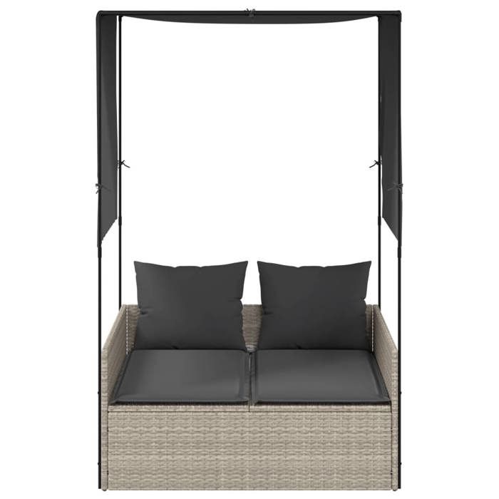 VidaXL Chaise longue double avec toit et rideaux gris clair poly rotin, transat, lit de jour d'extérieur, lit de jour de 4002760