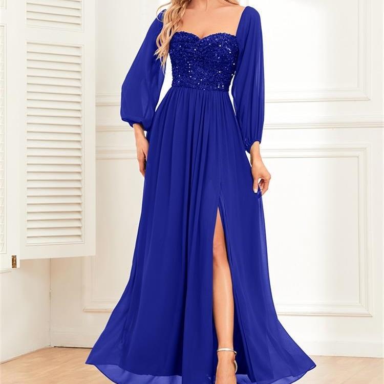 GMXIA Элегантное многофункциональное платье с одной линией плеч и высоким разрезом на шнуровке, лоскутное шифоновое платье с длинными рукавами и пайетками на подкладке