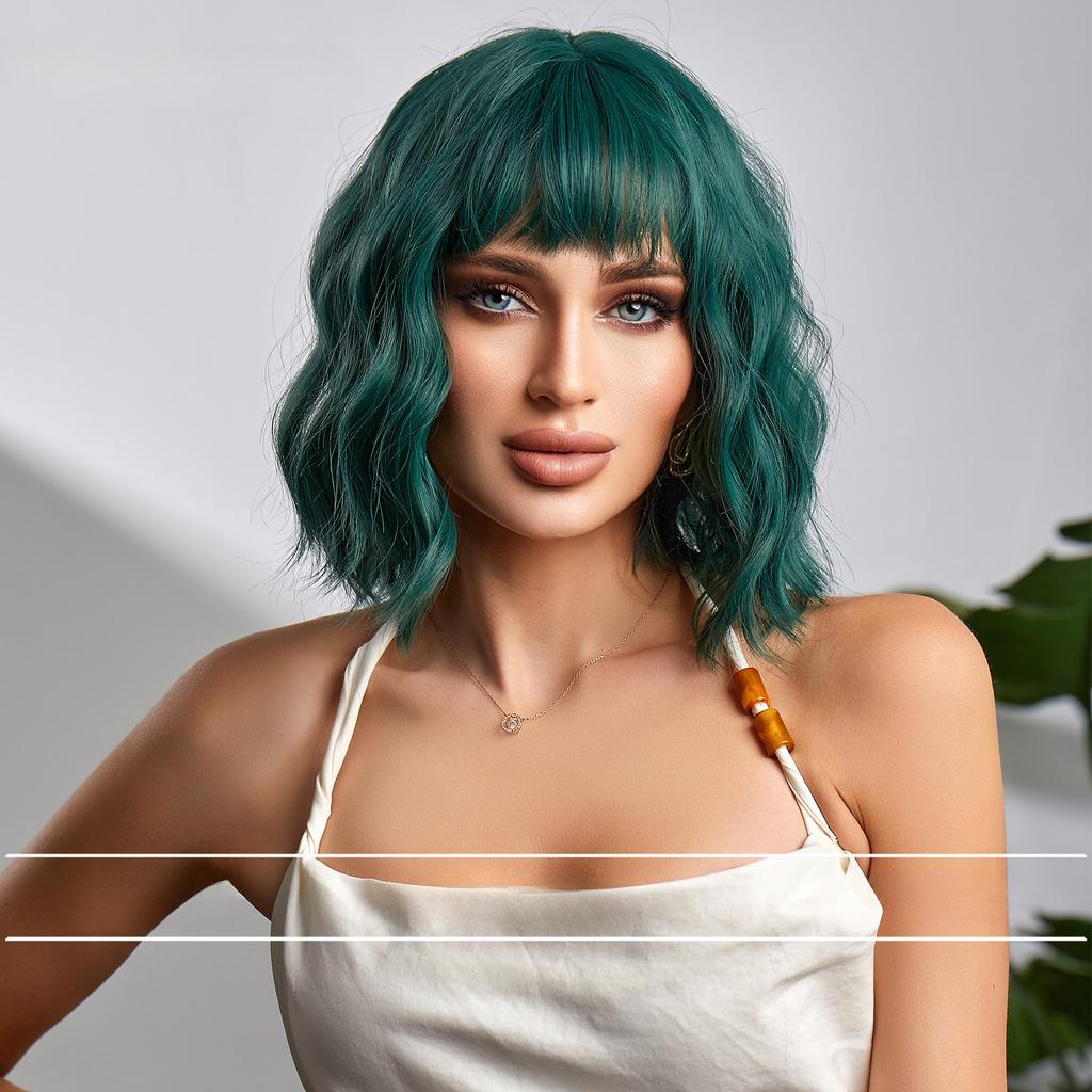 European and American Style Women's Short Curly Bobo Wig with Blunt Bangs Lades Summer Fashion Front Lace Heat Resistant Synthetic Fiber Wigs